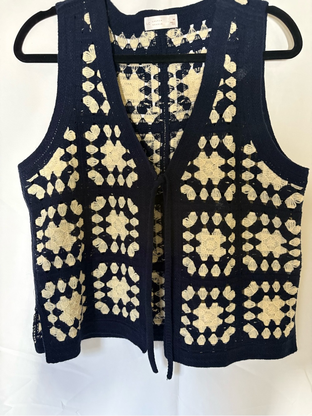 LC Lauren Conrad Navy Crochet Vest with Cream Floral Detail